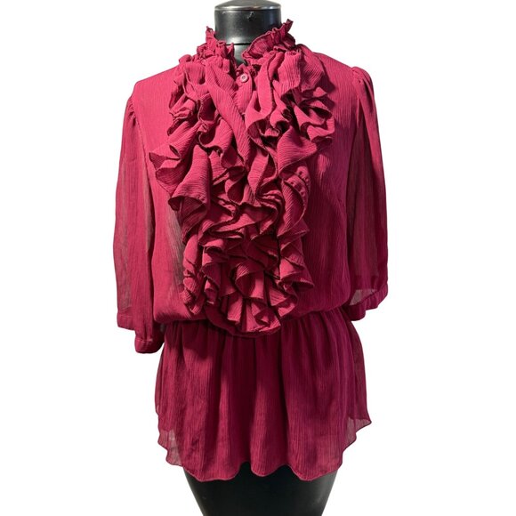 Caren Sport Women’s Plus Size 1X Blouse – Maroon Ruffle Front Sheer Peplum Top - Picture 1 of 11